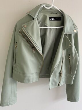 NWOT ZARA Sage Green Faux Leather Moto Jacket